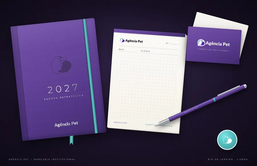 Papelaria da Agência Pet: agenda, bloco de notas, cartão de visita, caneta e autocolante