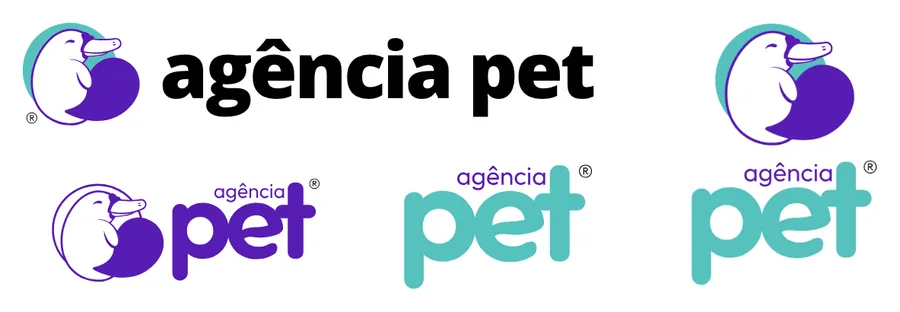 Variações do logótipo da Agência Pet: horizontal e versões com o nome em destaque