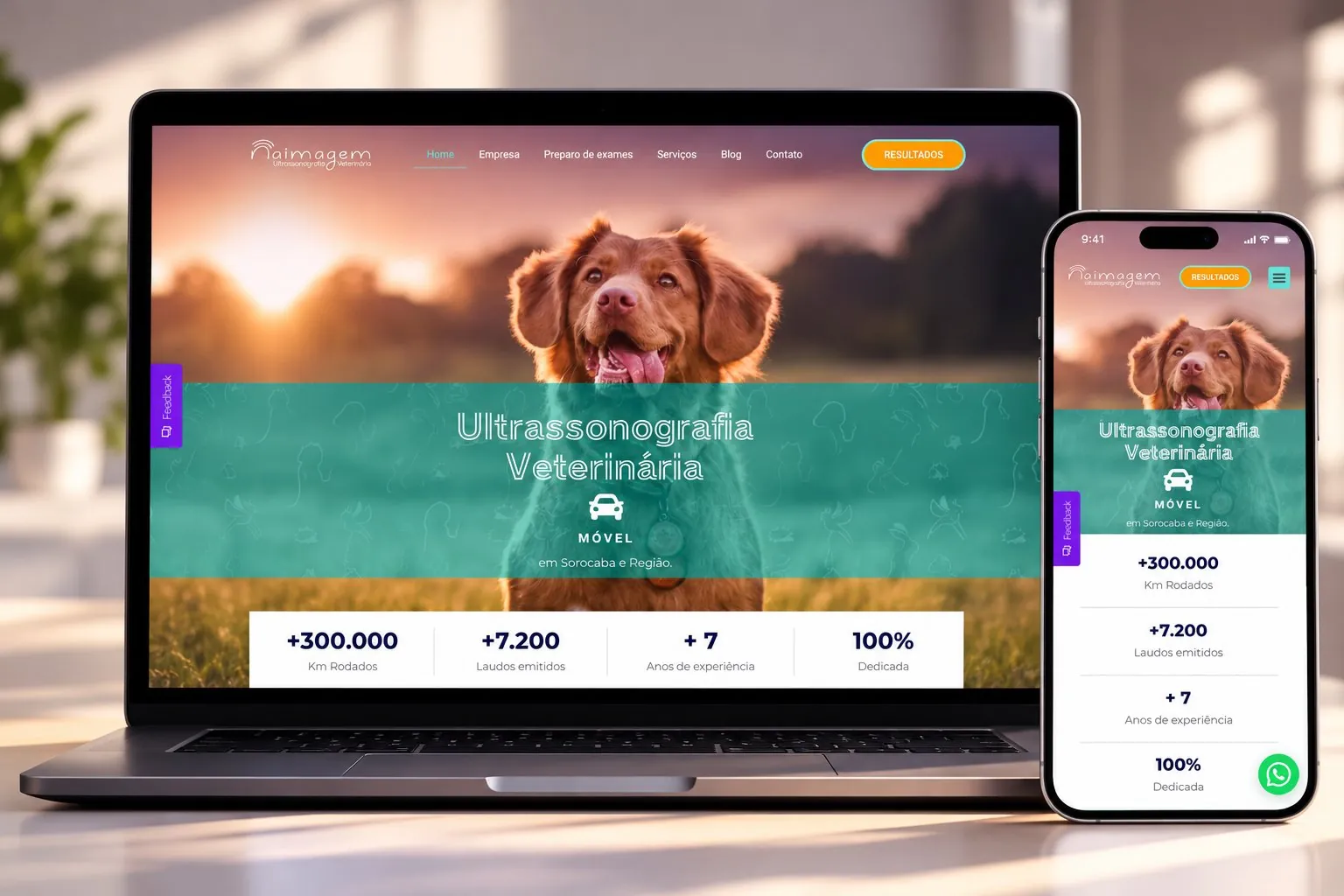 Site da Naimagem Ultrassonografia Veterinária, criado pela Agência Pet, apresentado num portátil e num telemóvel